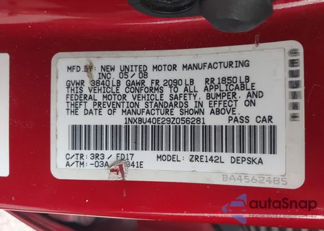 2009 Toyota Corolla S z USA, uszkodzony, nr VIN 1NXBU40E29Z056281